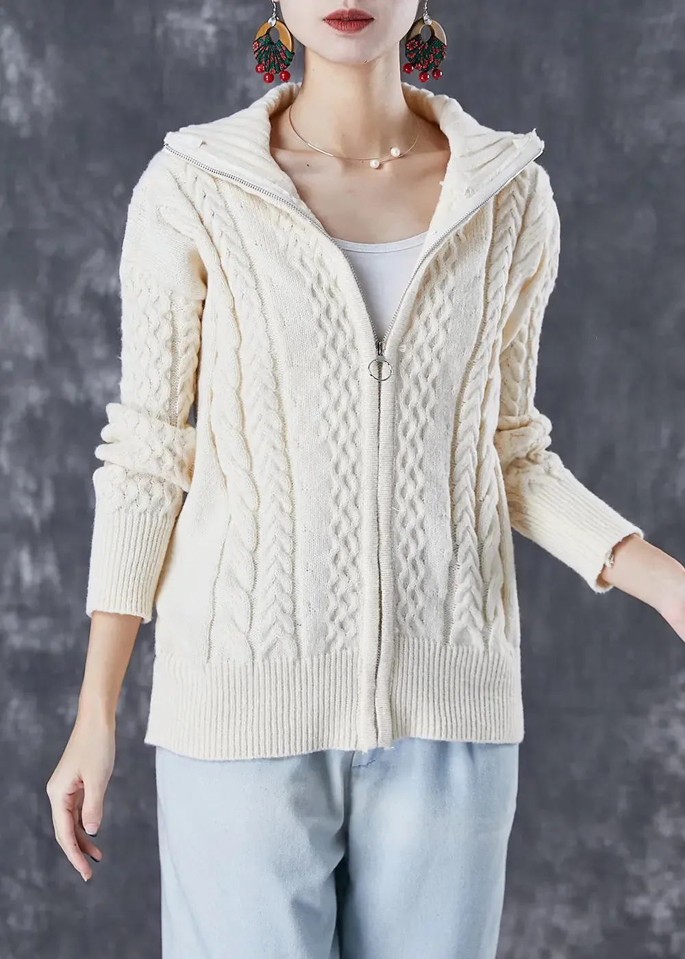 Classy Beige Zippered Thick Cable Knit Coats Fall ML3061