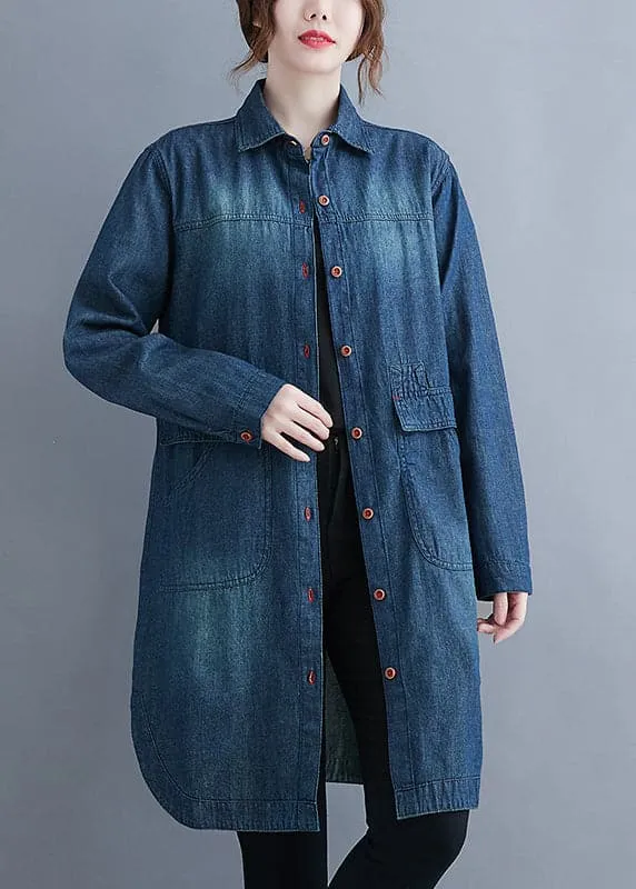 Classy Blue Peter Pan Collar Pockets Denim Coats Long Sleeve