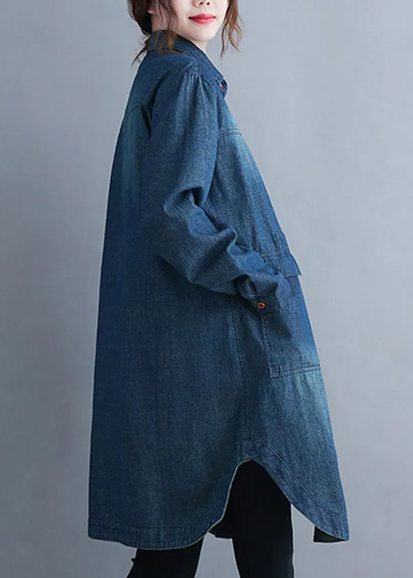 Classy Blue Peter Pan Collar Pockets Denim Coats Long Sleeve