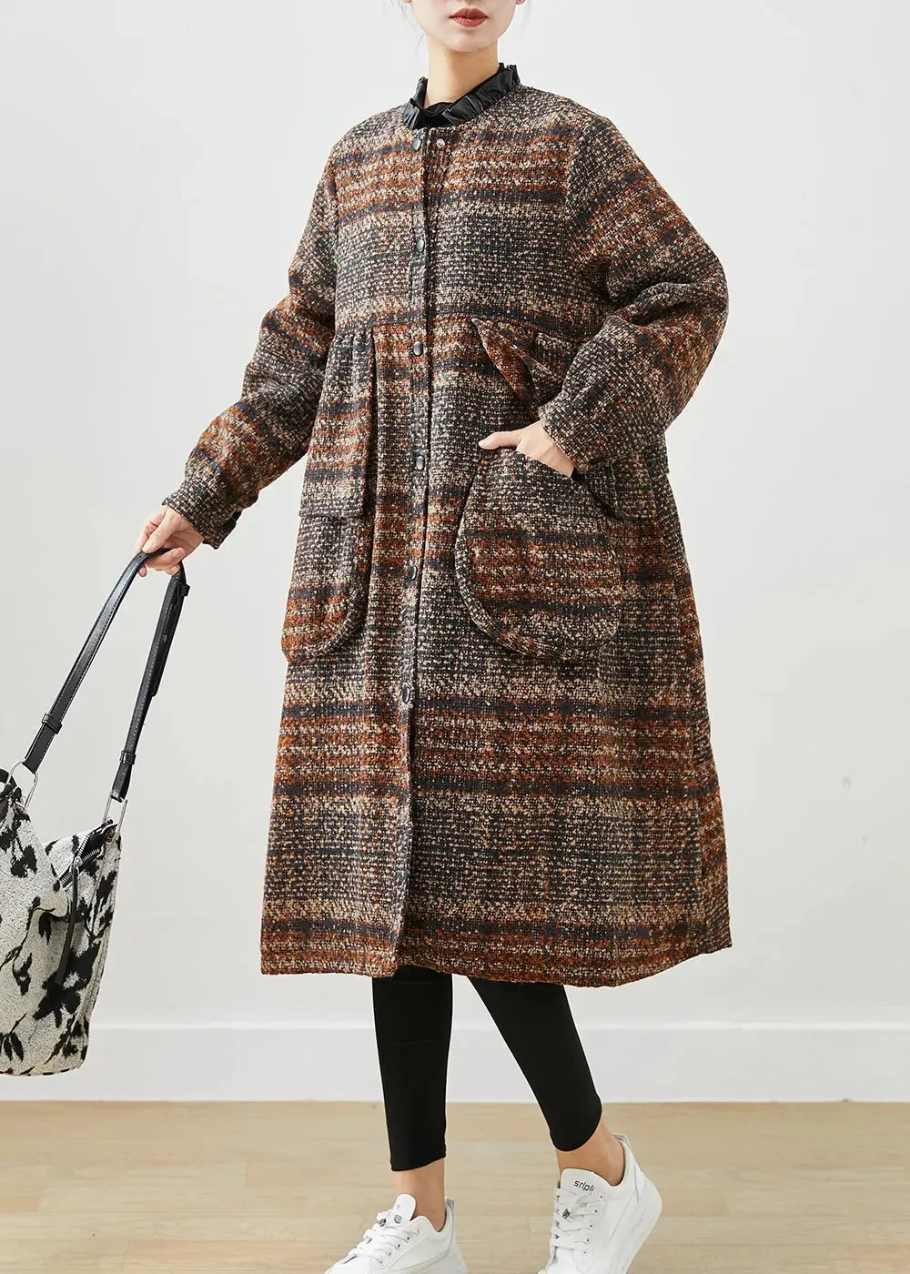 Classy Brown O-Neck Oversized Thick Woolen Coats Fall ML3200