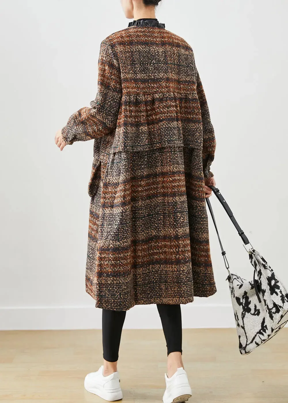 Classy Brown O-Neck Oversized Thick Woolen Coats Fall ML3200