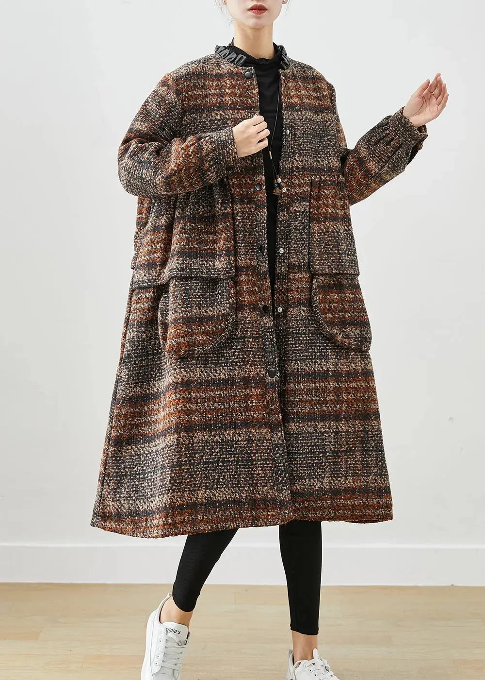 Classy Brown O-Neck Oversized Thick Woolen Coats Fall ML3200