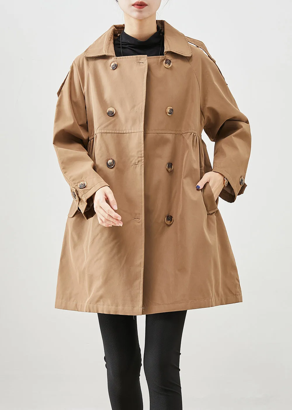 Classy Khaki Double Breast Wrinkled Cotton Coats Fall ML2453