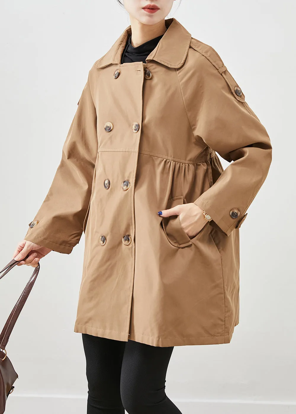 Classy Khaki Double Breast Wrinkled Cotton Coats Fall ML2453