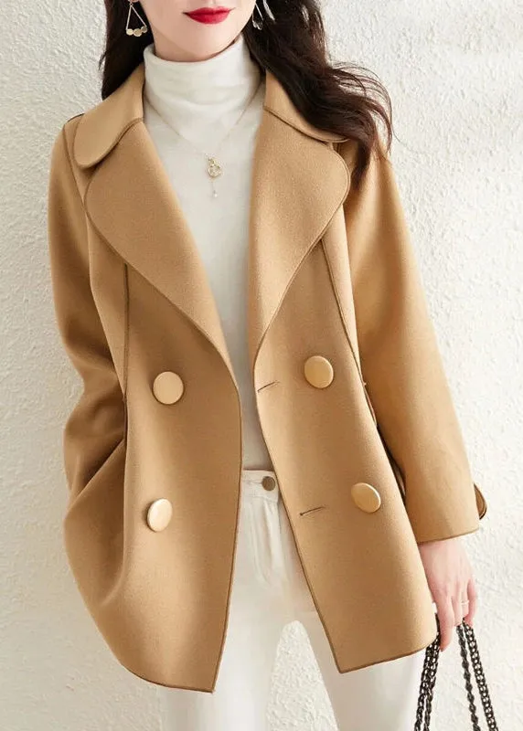 Classy Khaki Peter Pan Collar Double Breast Woolen Coat Outwear Fall