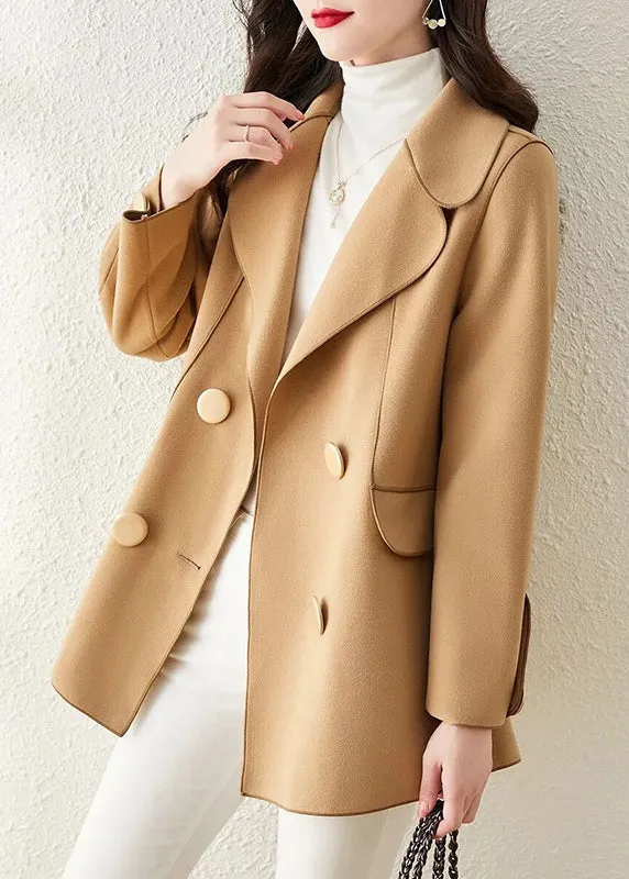 Classy Khaki Peter Pan Collar Double Breast Woolen Coat Outwear Fall