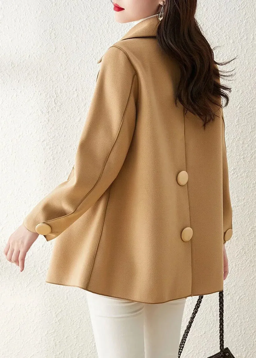 Classy Khaki Peter Pan Collar Double Breast Woolen Coat Outwear Fall