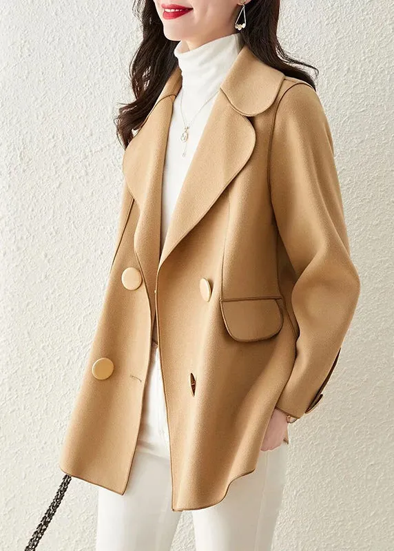 Classy Khaki Peter Pan Collar Double Breast Woolen Coat Outwear Fall