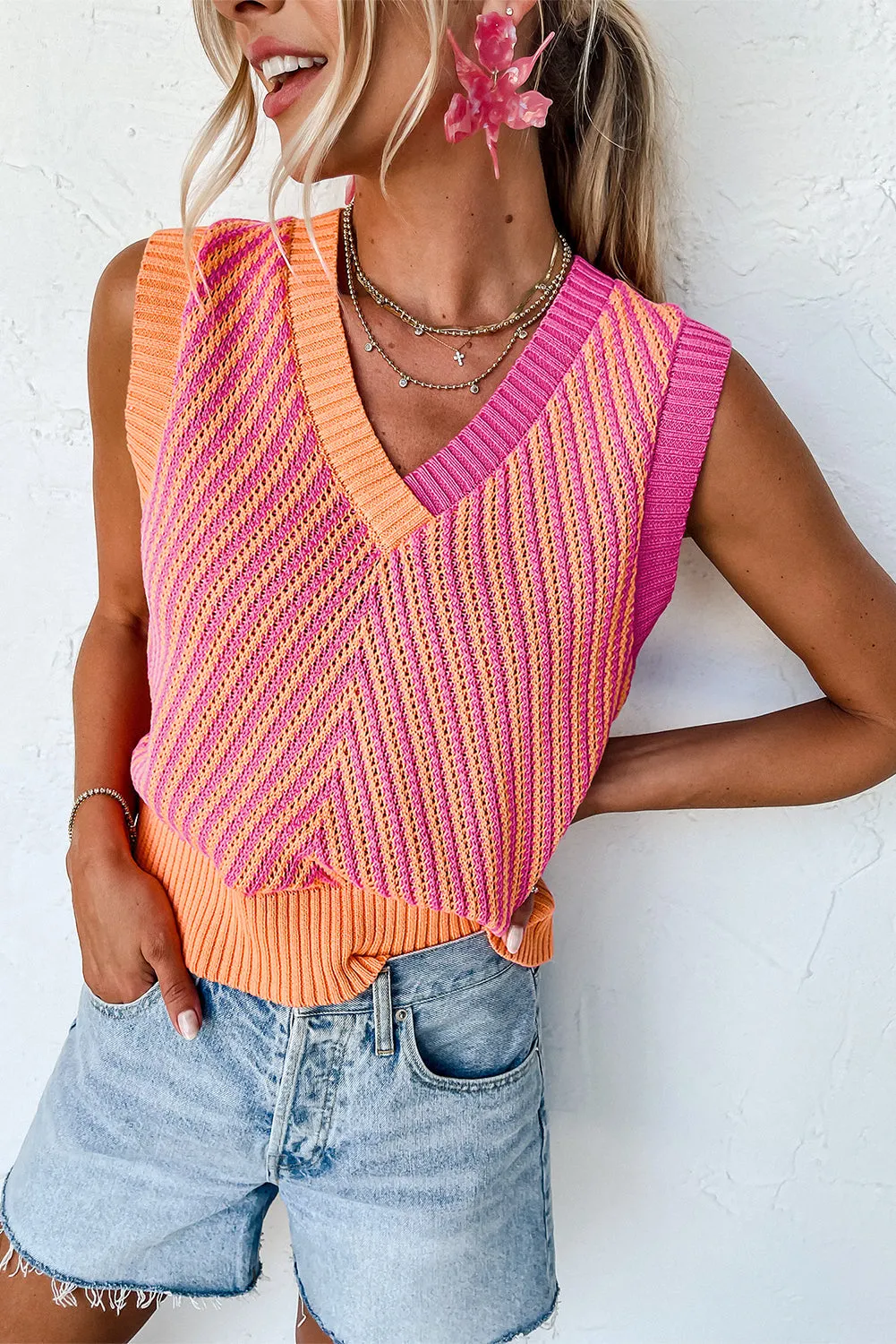 Contrast Chevron Knit V Neck Sweater Vest