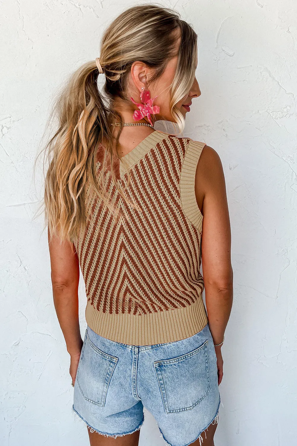 Contrast Chevron Knit V Neck Sweater Vest