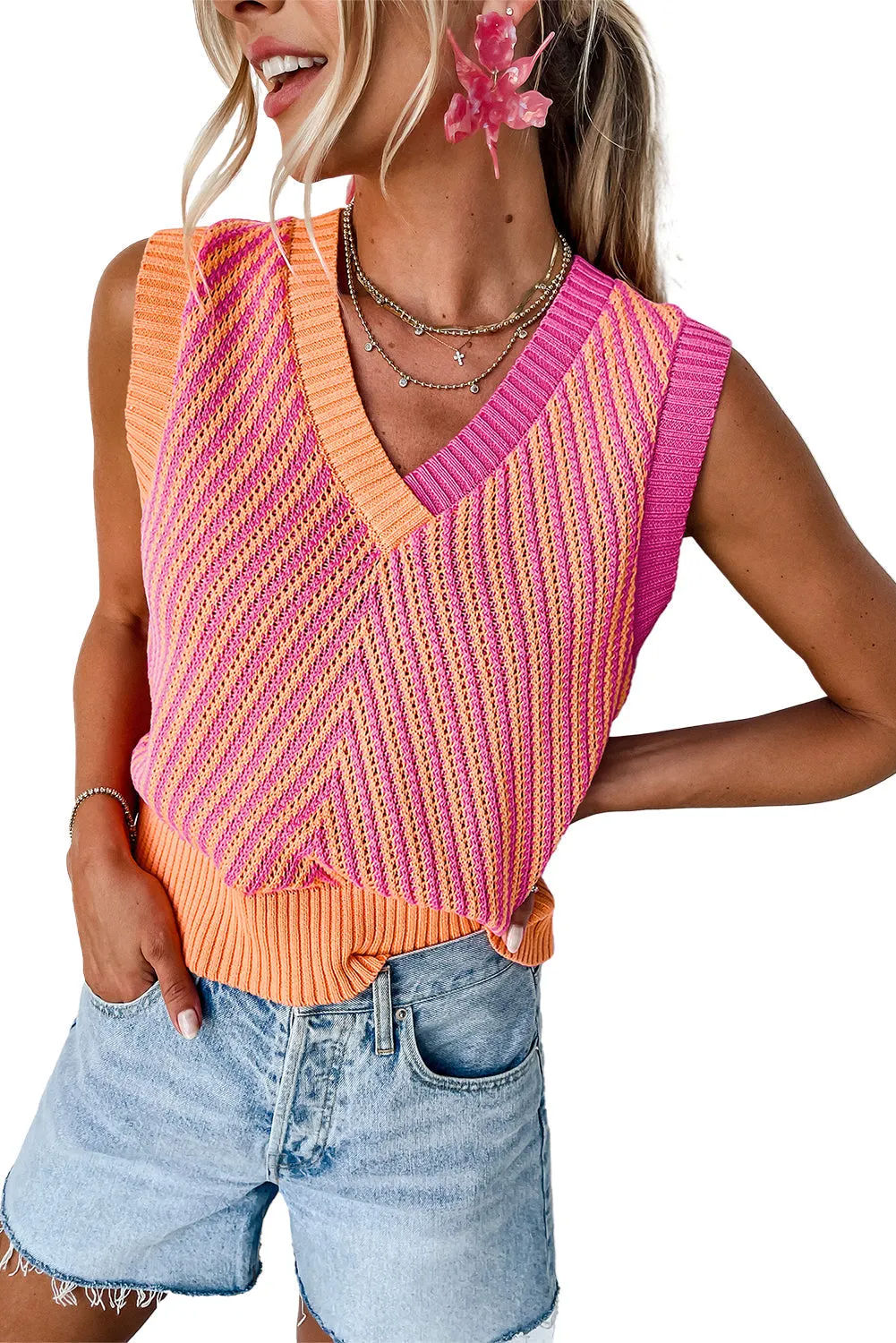 Contrast Chevron Knit V Neck Sweater Vest