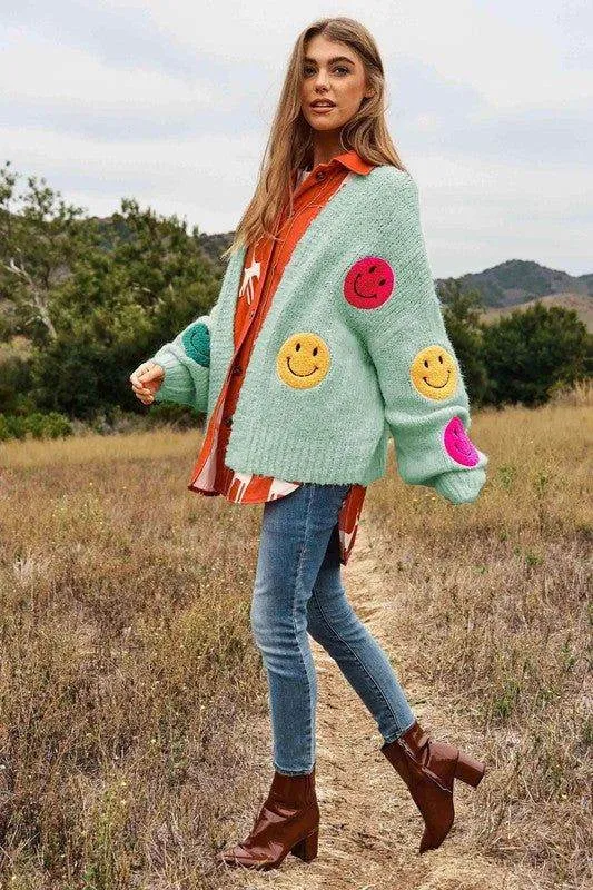 Davi & Dani The Fuzzy Smile Long Bell Sleeve Knit Cardigan