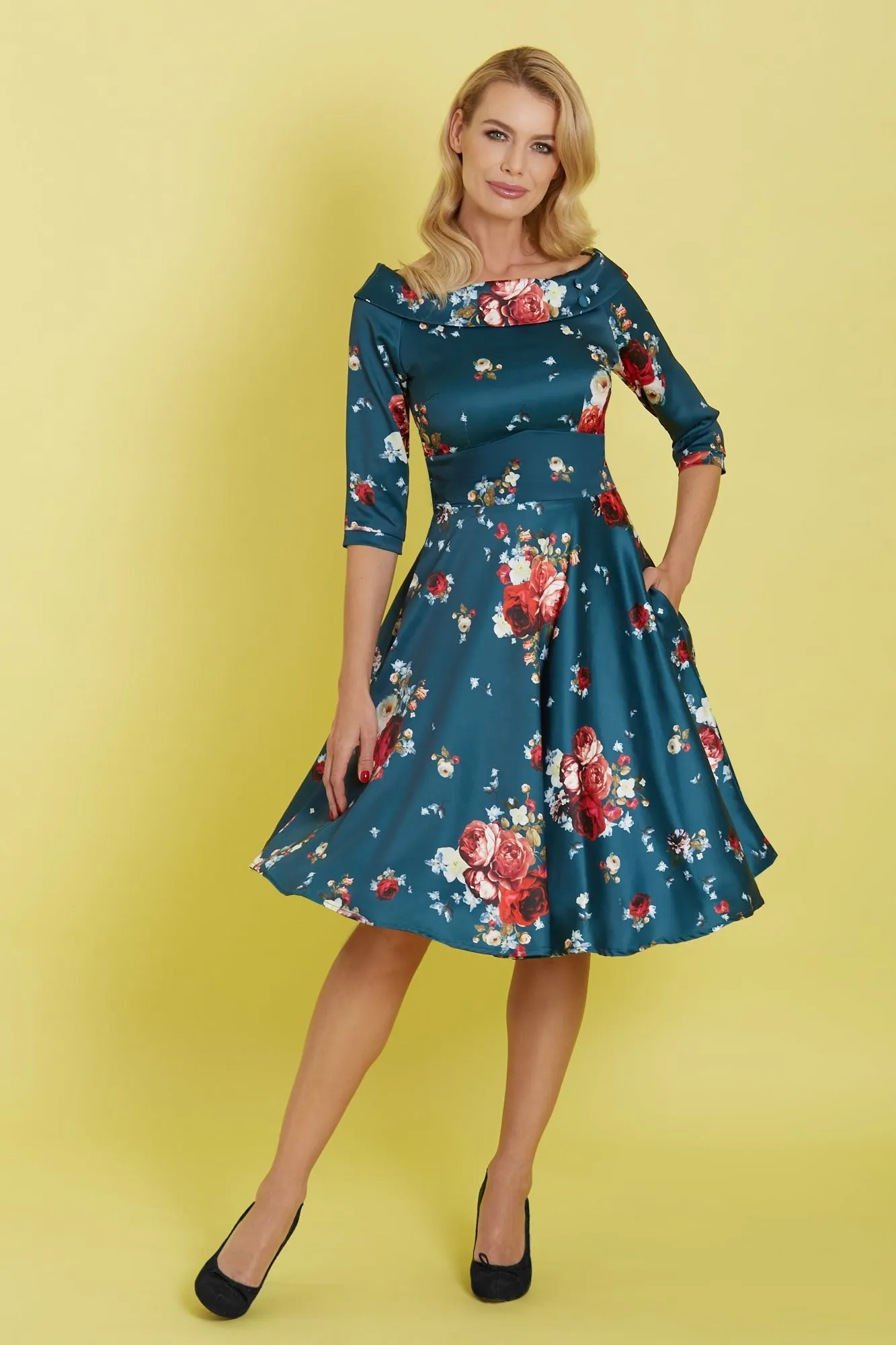 Deborah Flattering Long Sleeved Swing Dress in Blue and Pink Roses