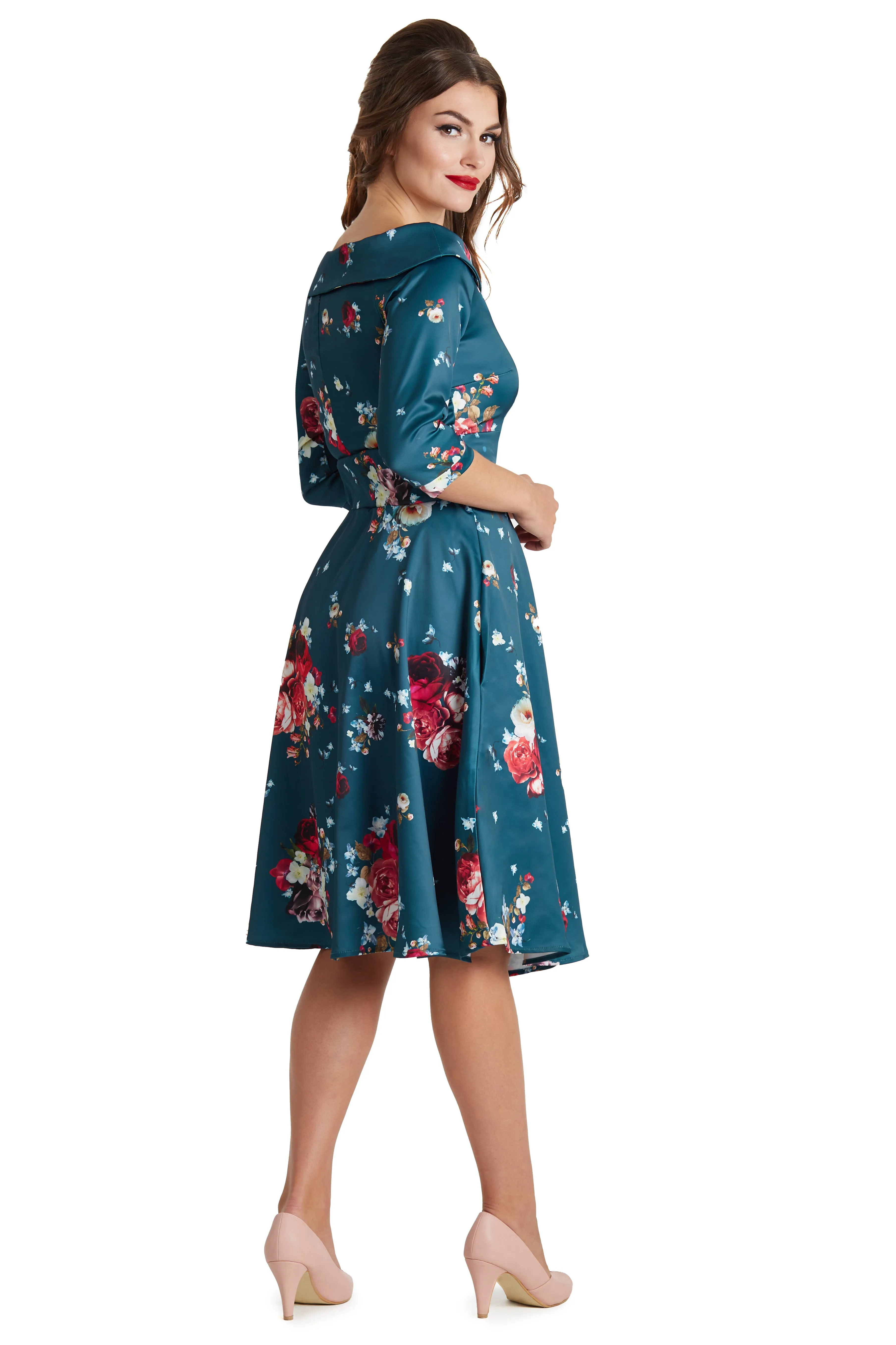 Deborah Flattering Long Sleeved Swing Dress in Blue and Pink Roses