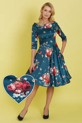 Deborah Flattering Long Sleeved Swing Dress in Blue and Pink Roses