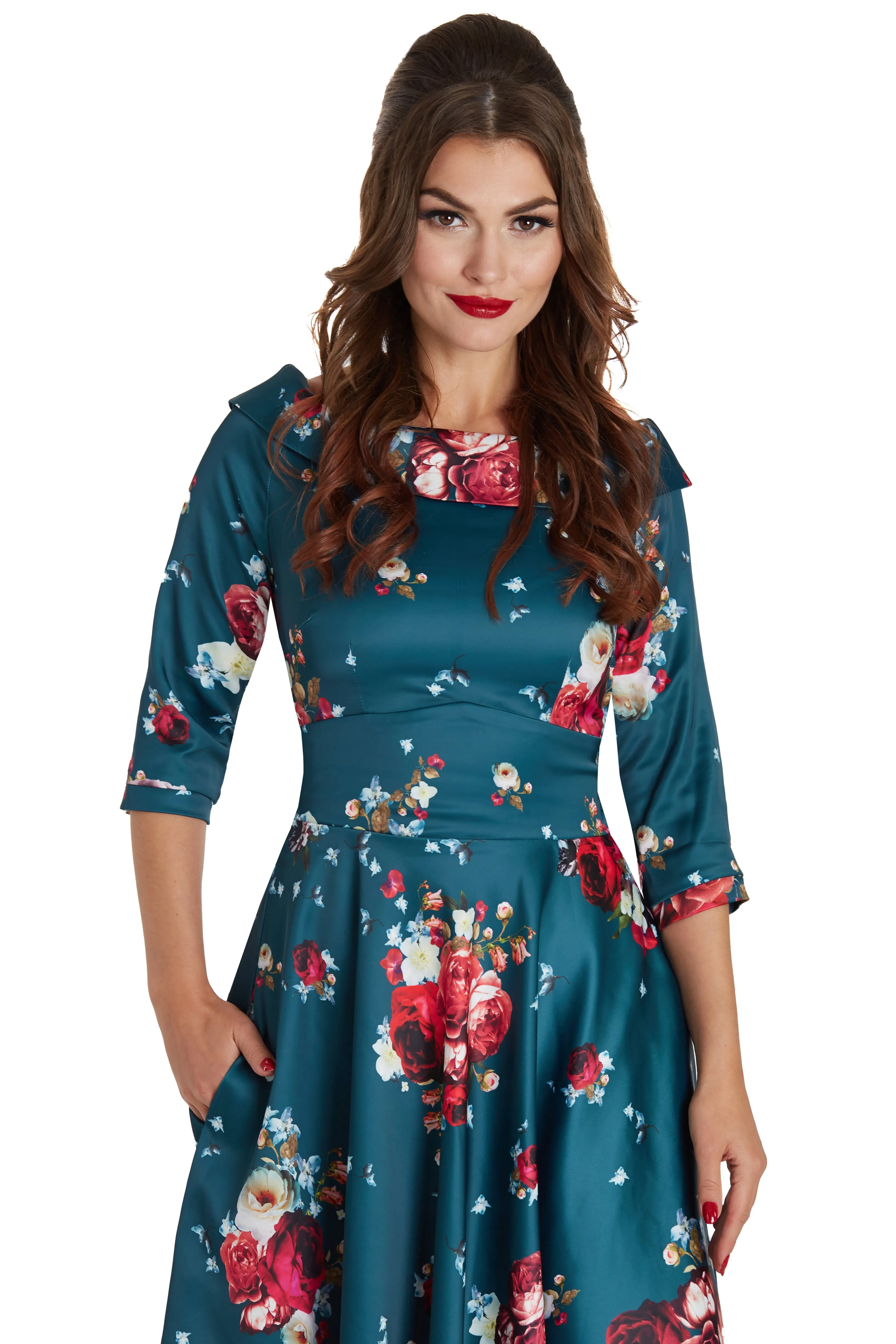 Deborah Flattering Long Sleeved Swing Dress in Blue and Pink Roses