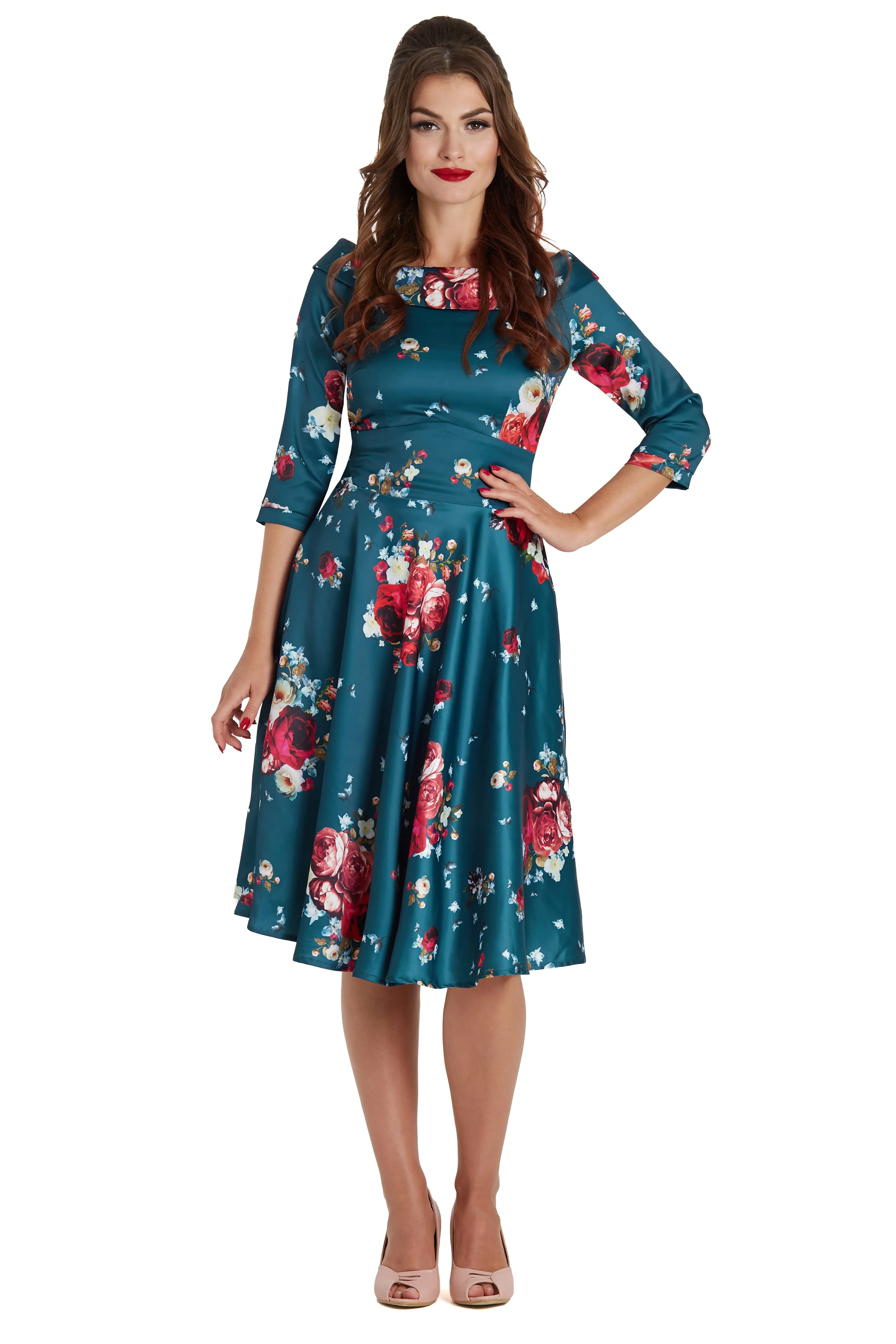 Deborah Flattering Long Sleeved Swing Dress in Blue and Pink Roses