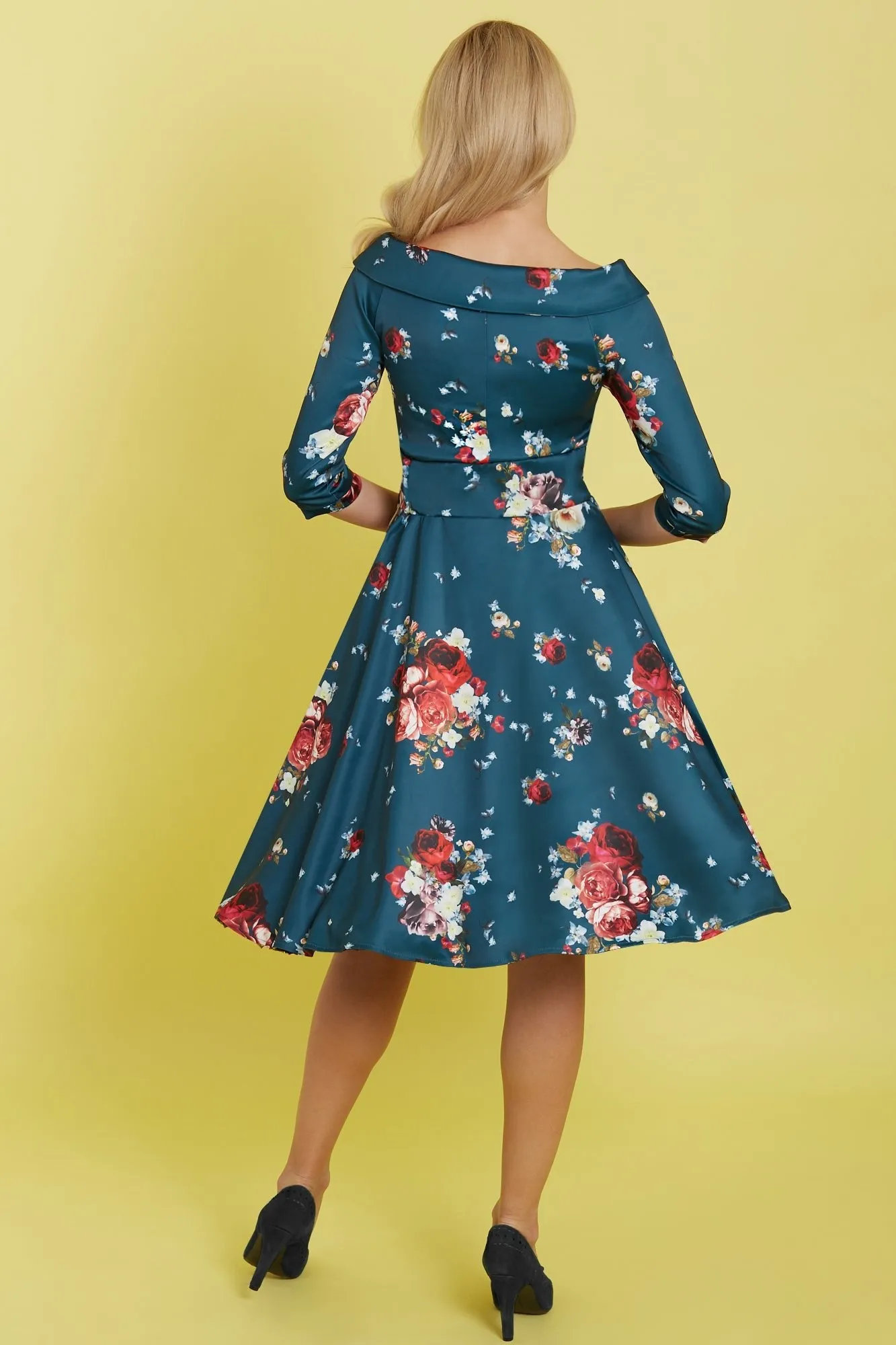 Deborah Flattering Long Sleeved Swing Dress in Blue and Pink Roses