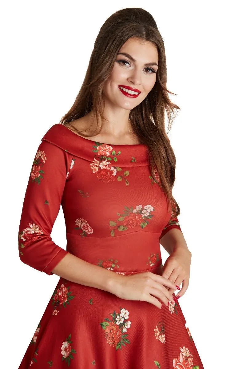 Deborah Flattering Long Sleeves Swing Dress Red & Raising Roses