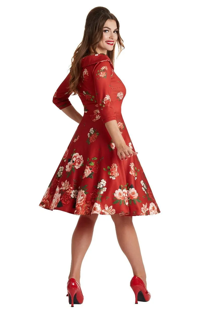 Deborah Flattering Long Sleeves Swing Dress Red & Raising Roses