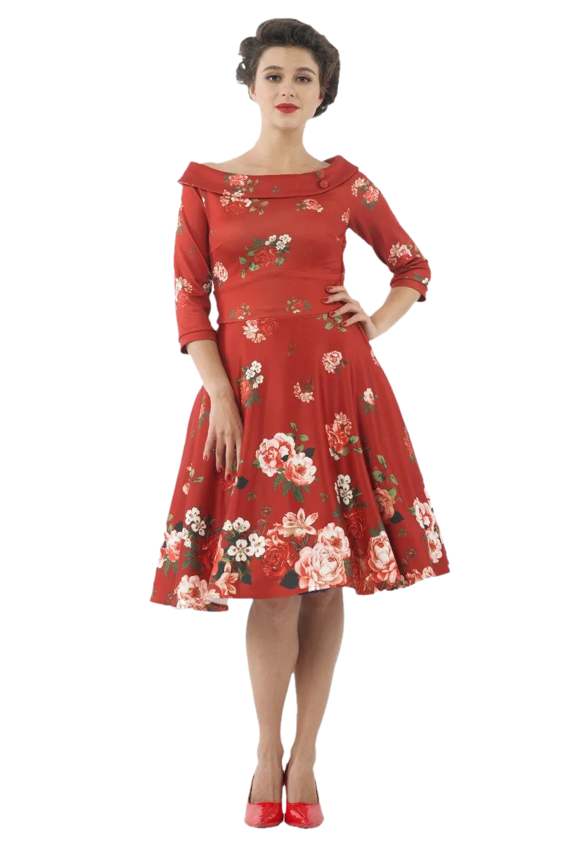 Deborah Flattering Long Sleeves Swing Dress Red & Raising Roses