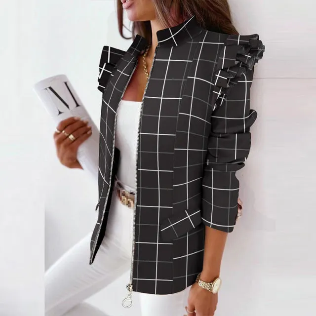 Elegant Long Sleeve Collar Blazer Ruffle Coat