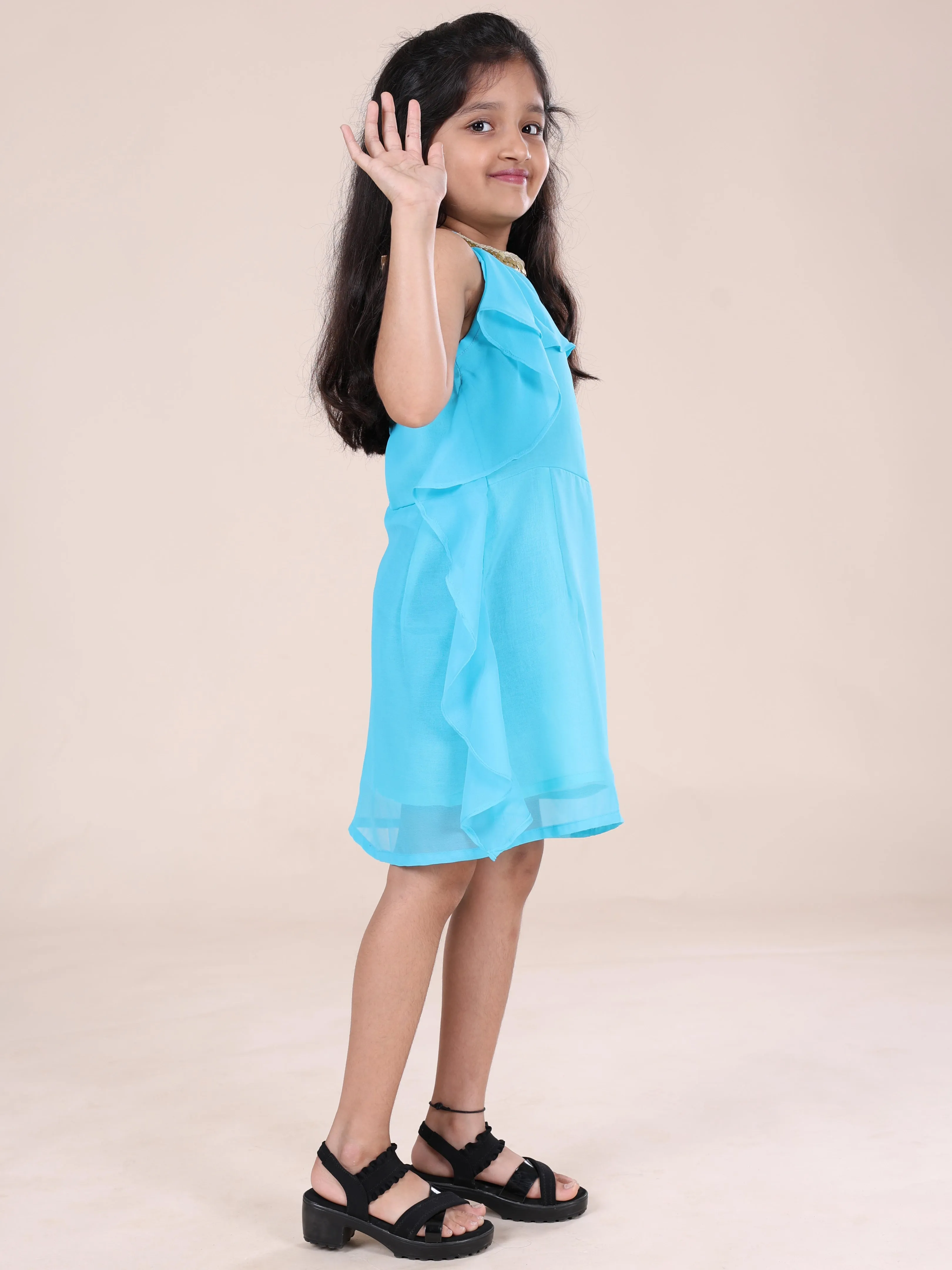 Girls Halter Neck Solid Ruffle Dress