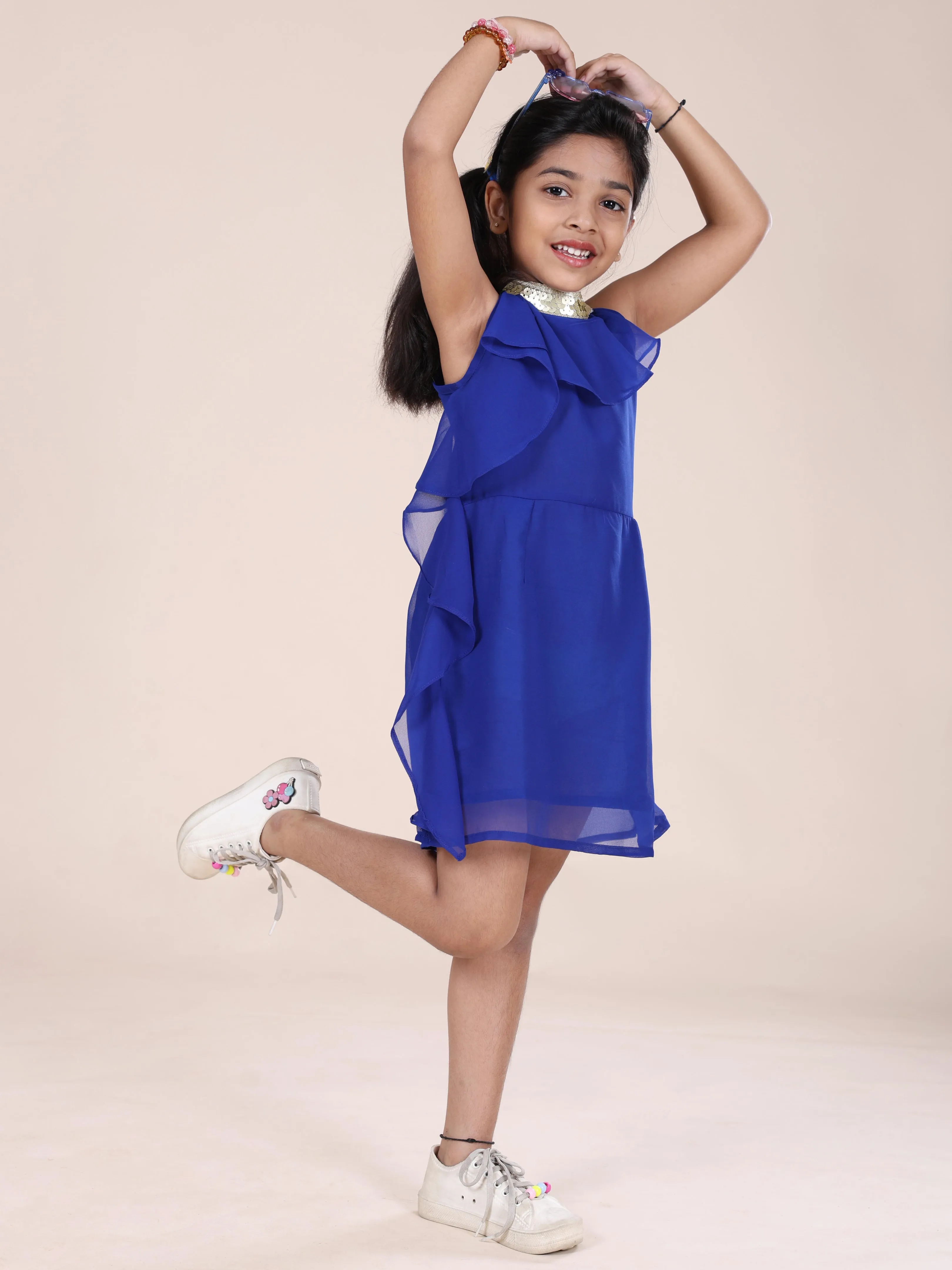 Girls Halter Neck Solid Ruffle Dress