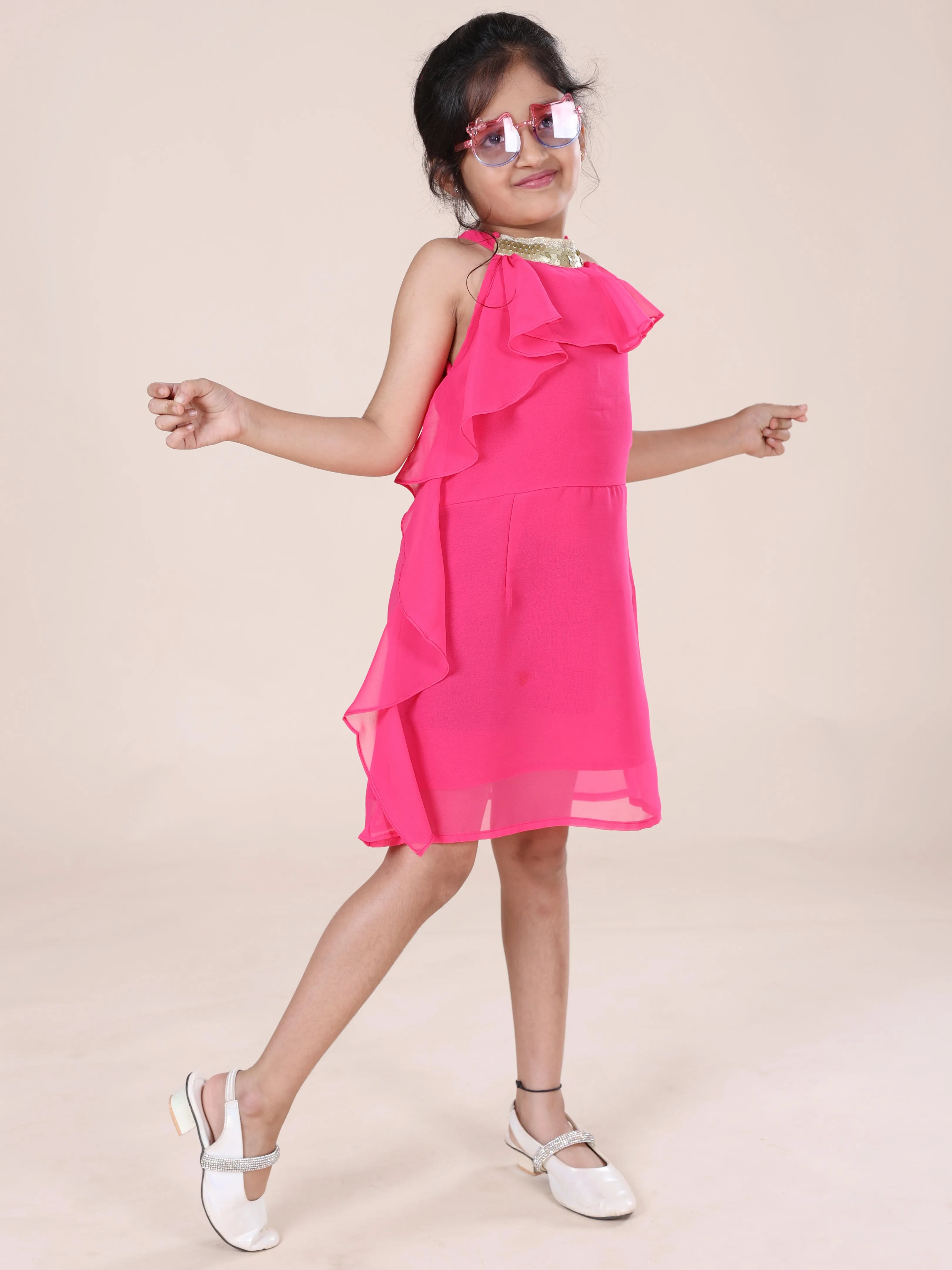 Girls Halter Neck Solid Ruffle Dress