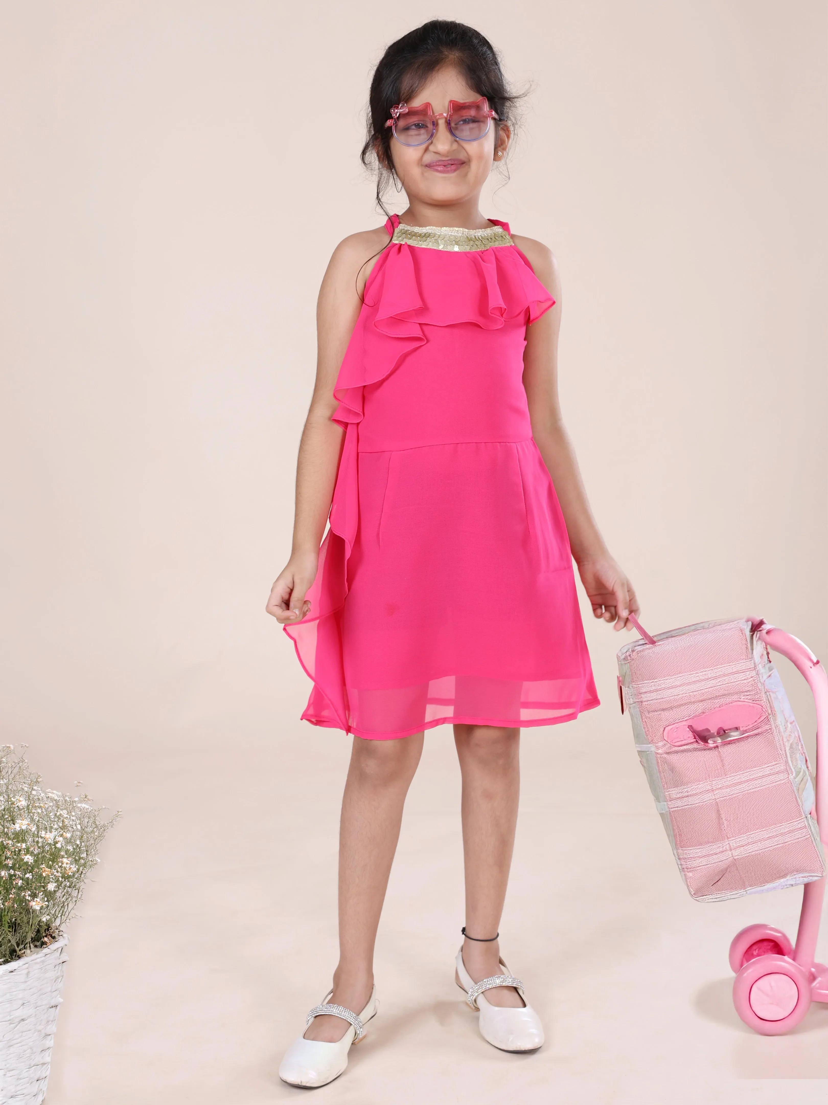 Girls Halter Neck Solid Ruffle Dress