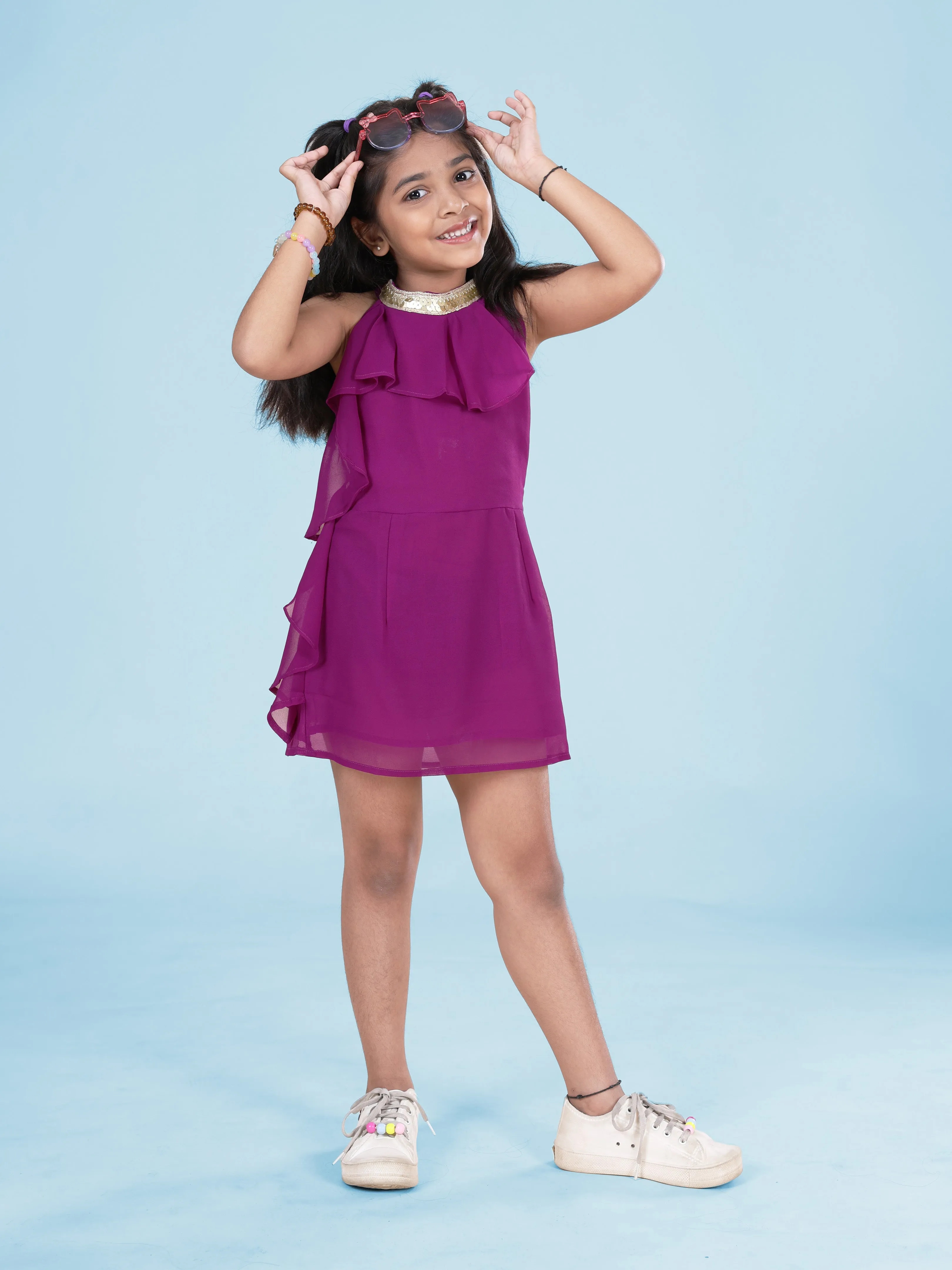 Girls Halter Neck Solid Ruffle Dress