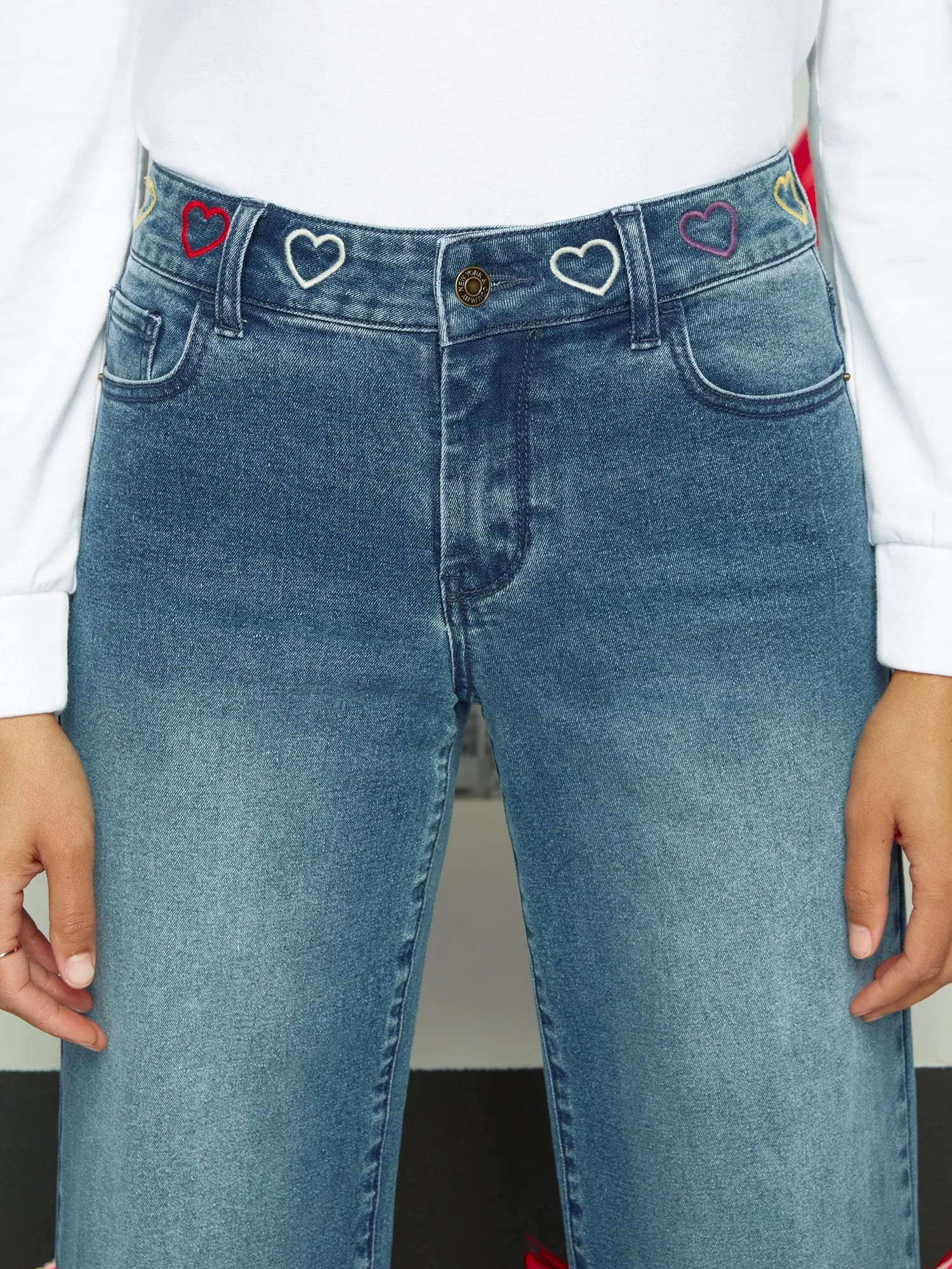 High-Waisted Heart-Embroidered Wide-Leg Jeans