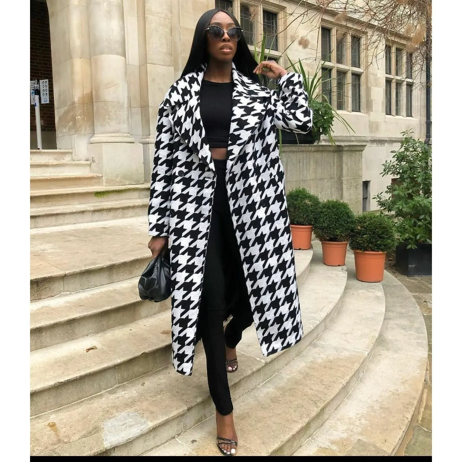 Houndstooth Pattern Knitted Coat