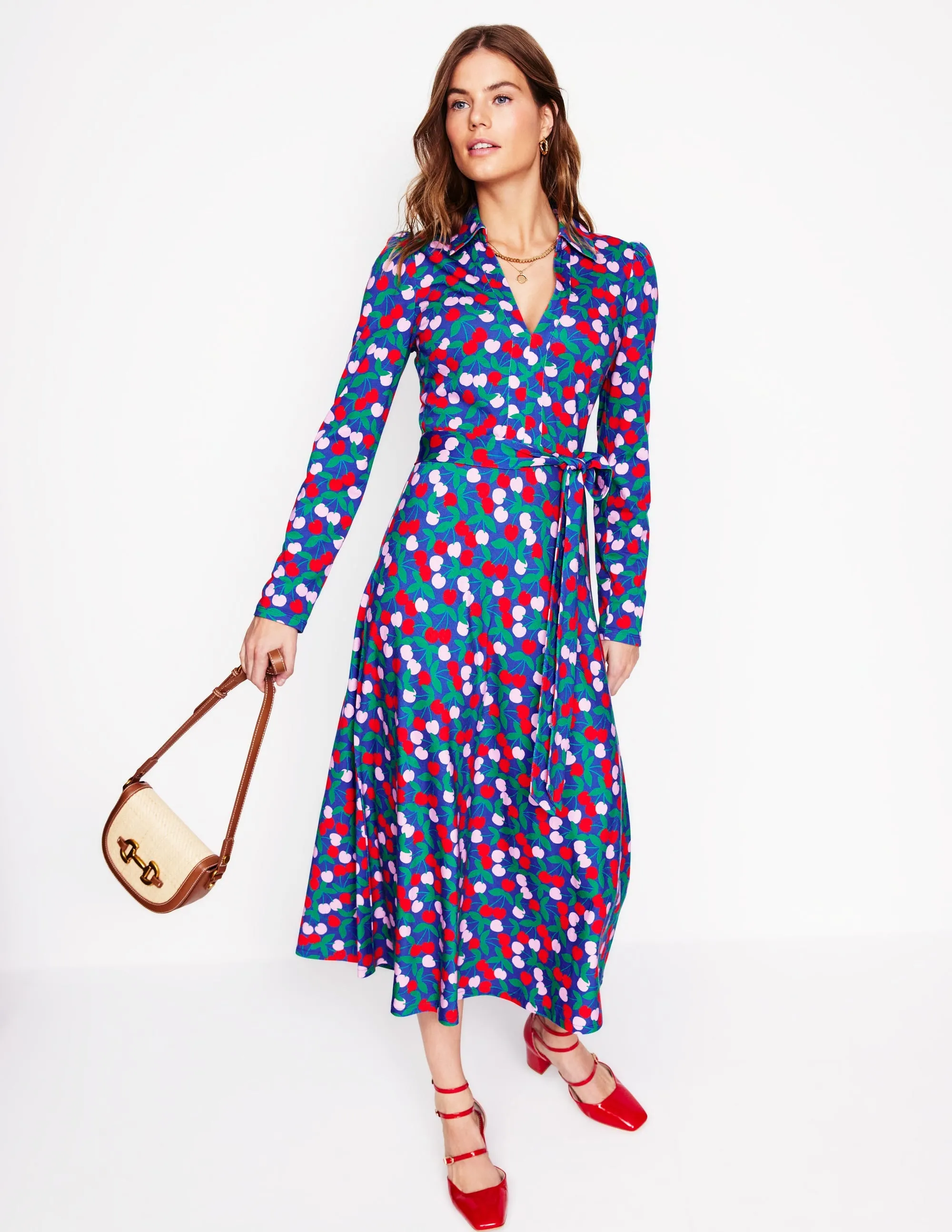 Imogen Collared Jersey Dress-Bright Blue, Cherry Cascade