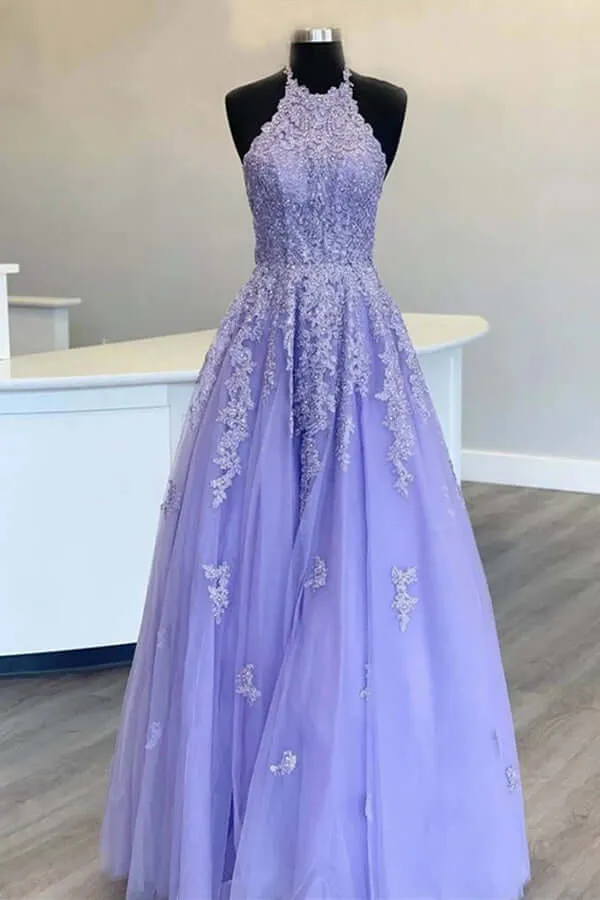 Lavender Tulle A-line Halter Lace Appliqued Prom Dresses, Evening Dresses