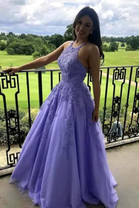 Lavender Tulle A-line Halter Lace Appliqued Prom Dresses, Evening Dresses