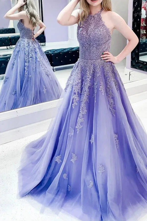 Lavender Tulle A-line Halter Lace Appliqued Prom Dresses, Evening Dresses