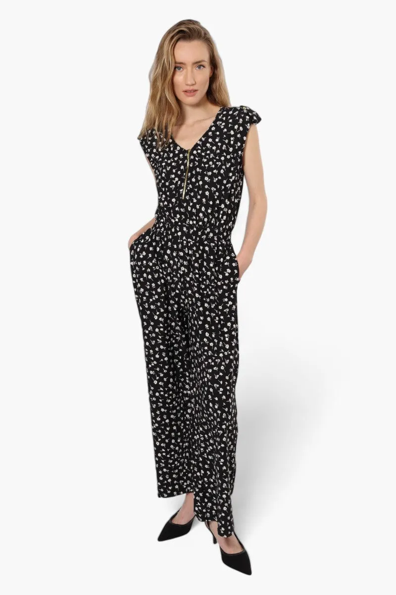 Limite Floral Front Zip Jumpsuit - Black