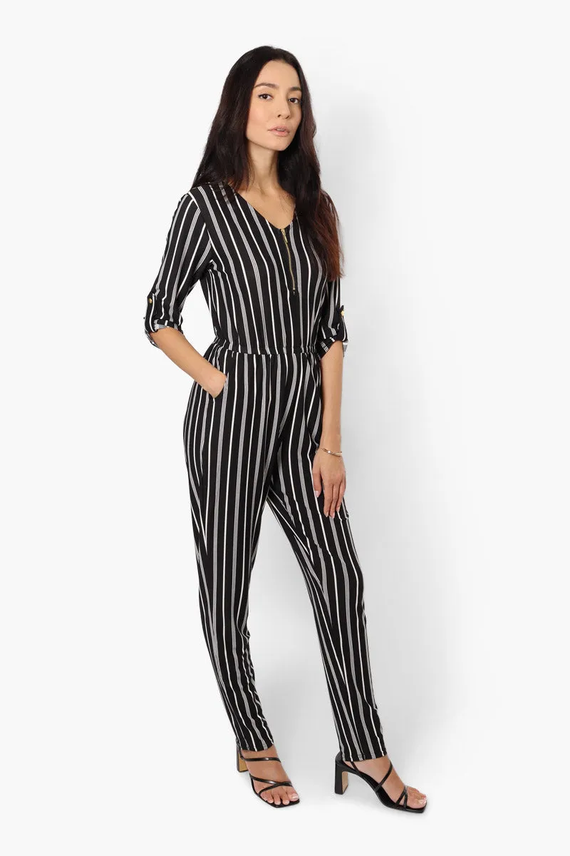 Limite Striped Front Zip Jumpsuit - Black