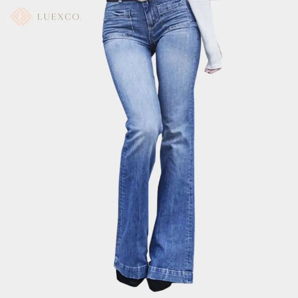 Luexco Women's Denim Trumpet Flare Jeans Ruched Zip Detail