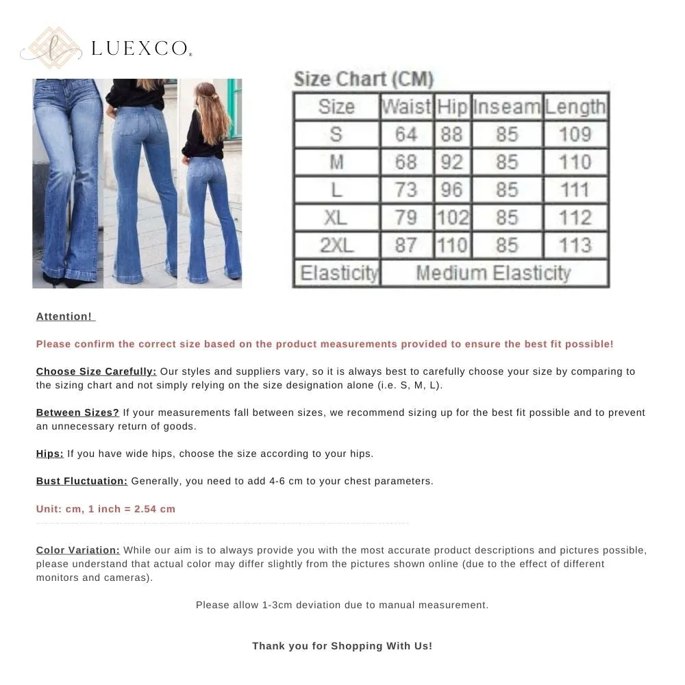 Luexco Women's Denim Trumpet Flare Jeans Ruched Zip Detail