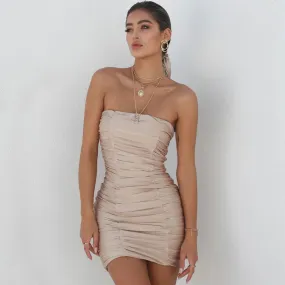 Modern Chic Strapless Ruched Bodycon Party Mini Dress - Khaki