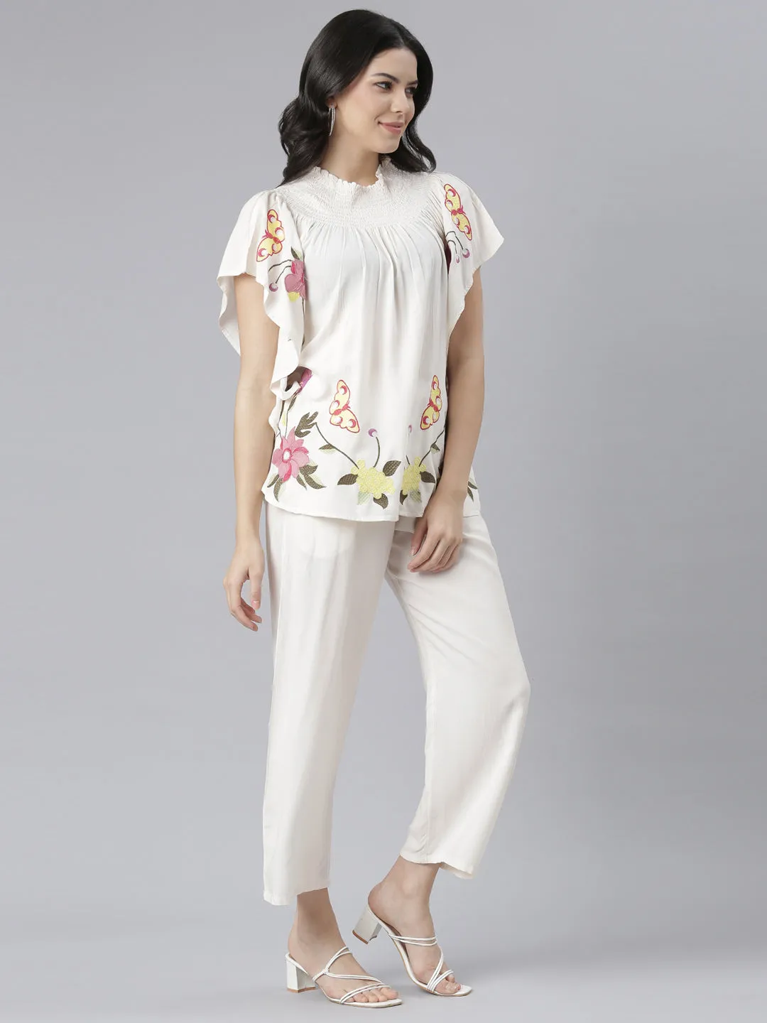 Neeru's Cream Regular Straight Floral Top And Trousers