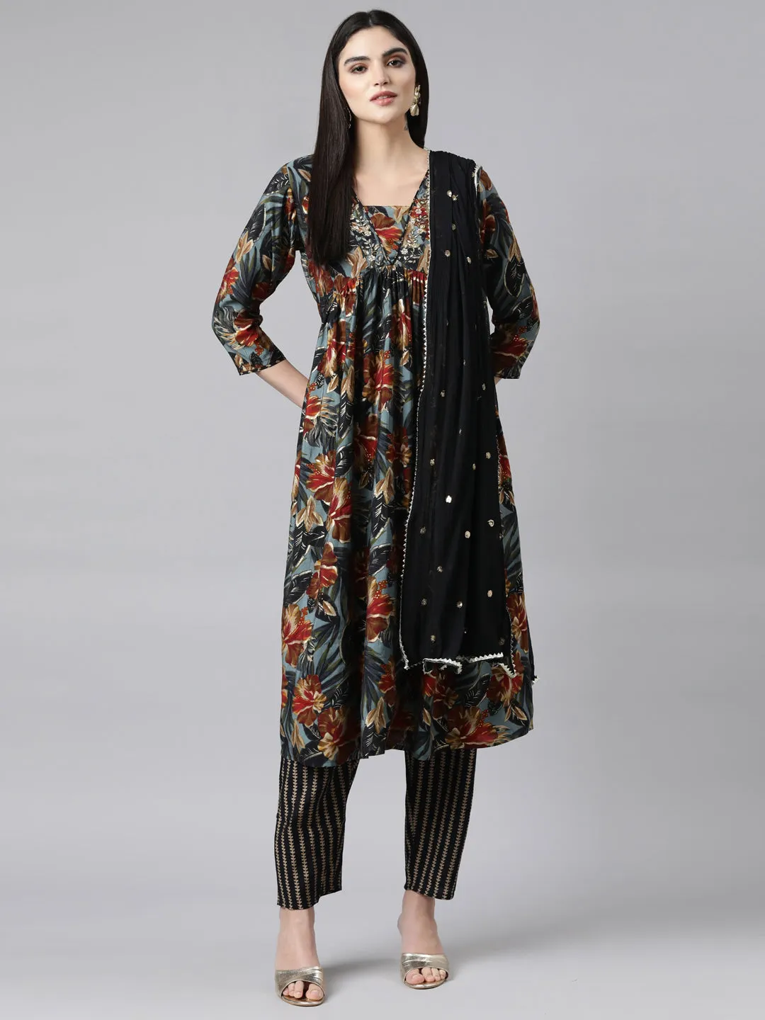 Neerus Grey Pleated Straight Floral Kurta And Trousers With Dupatta