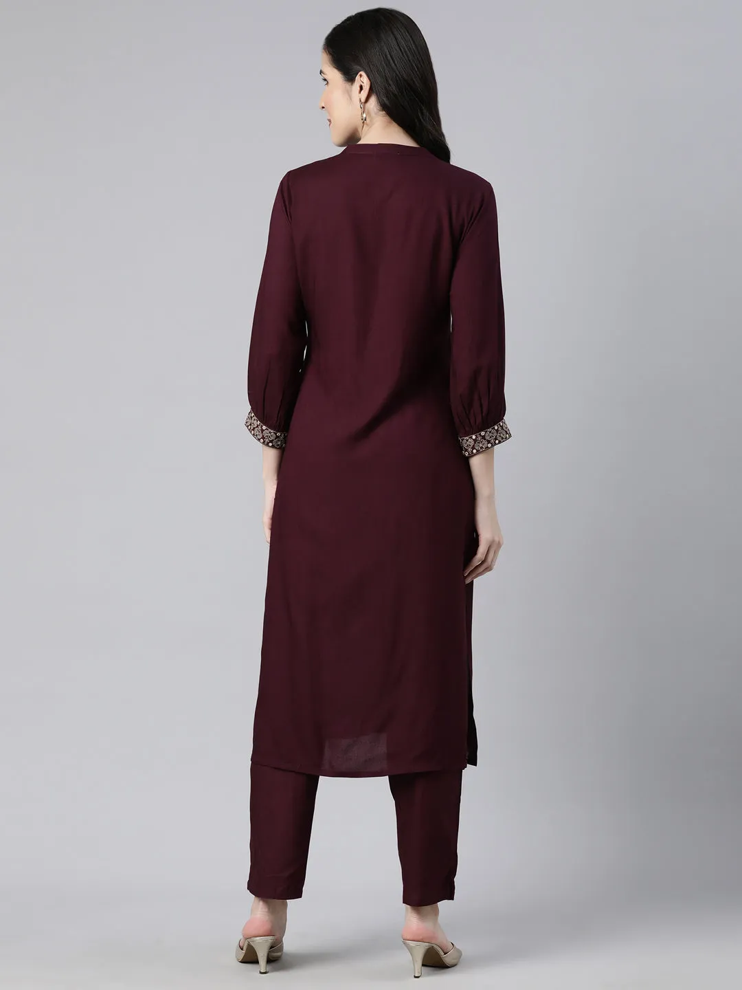 Neerus Purple Regular Straight Solid Kurta And  Trousers