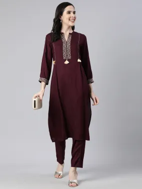 Neerus Purple Regular Straight Solid Kurta And  Trousers