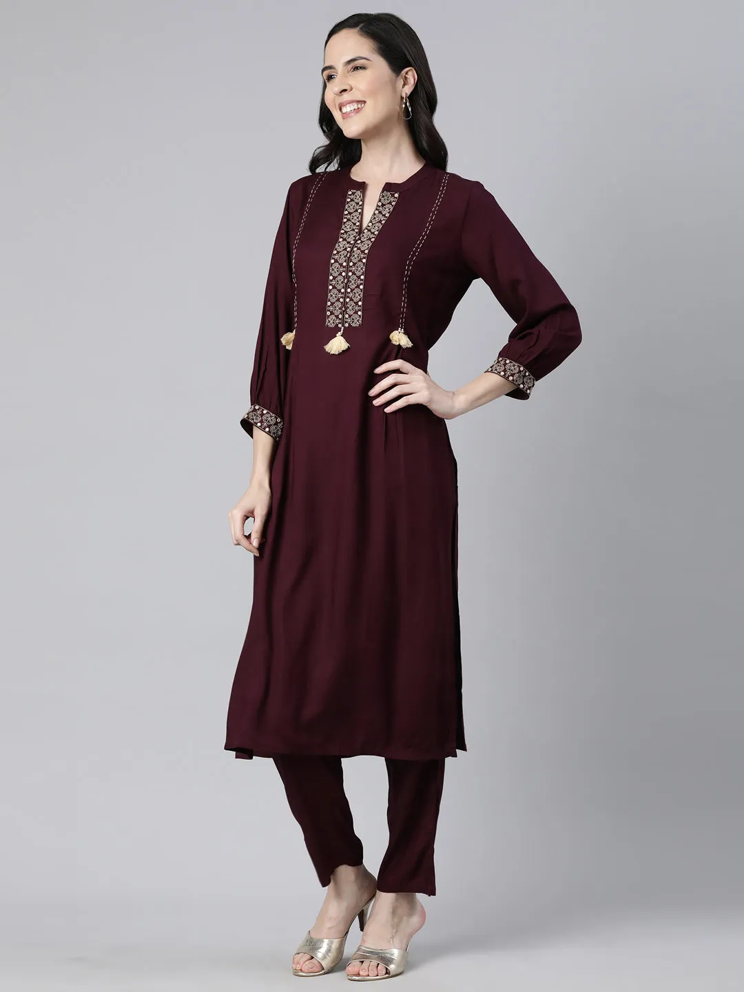 Neerus Purple Regular Straight Solid Kurta And  Trousers