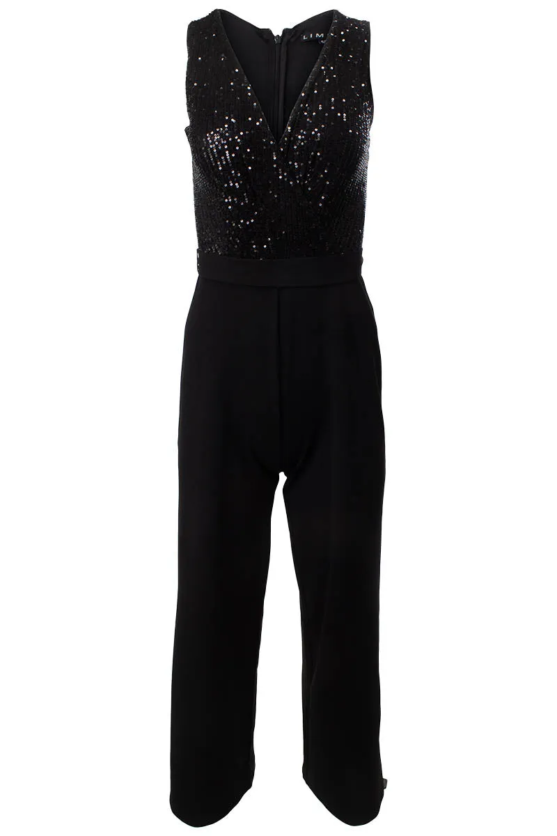 Sleeveless Sequin Crossover Jumpsuit - Black