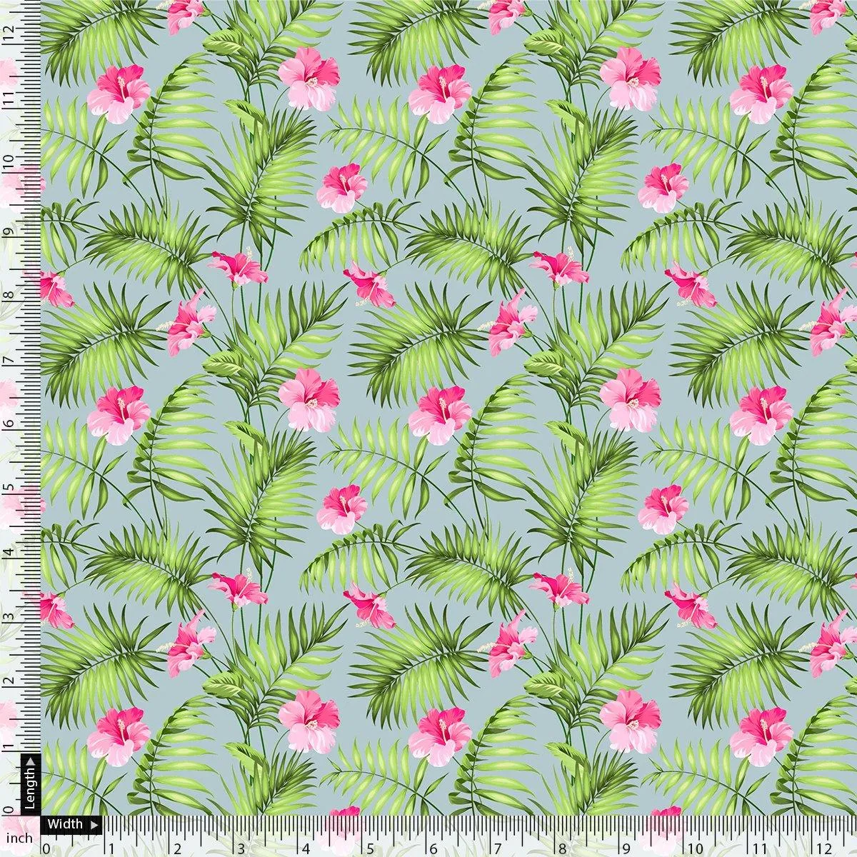 Tropical Leaves Pink Hibiscus Flower Digital Printed Fabric - Upada Silk