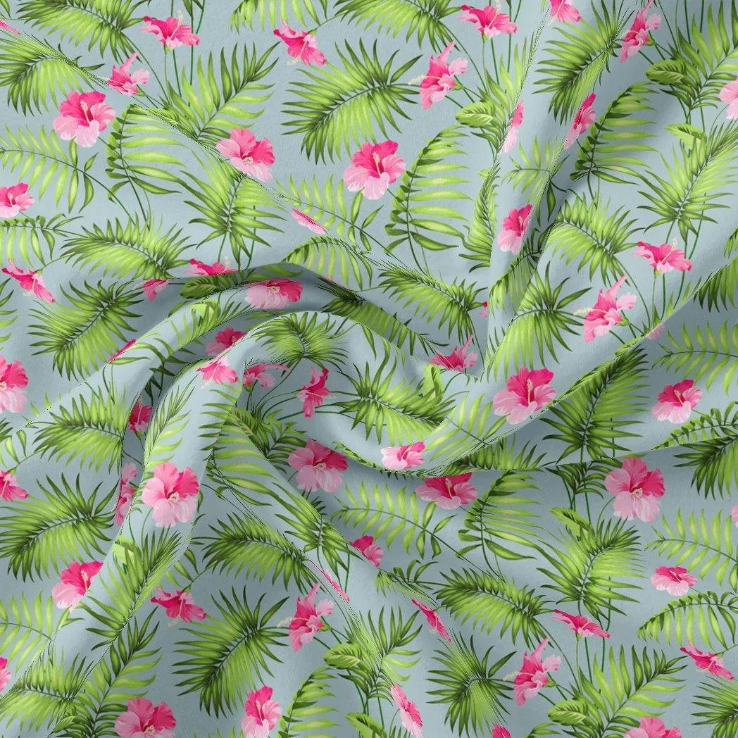 Tropical Leaves Pink Hibiscus Flower Digital Printed Fabric - Upada Silk